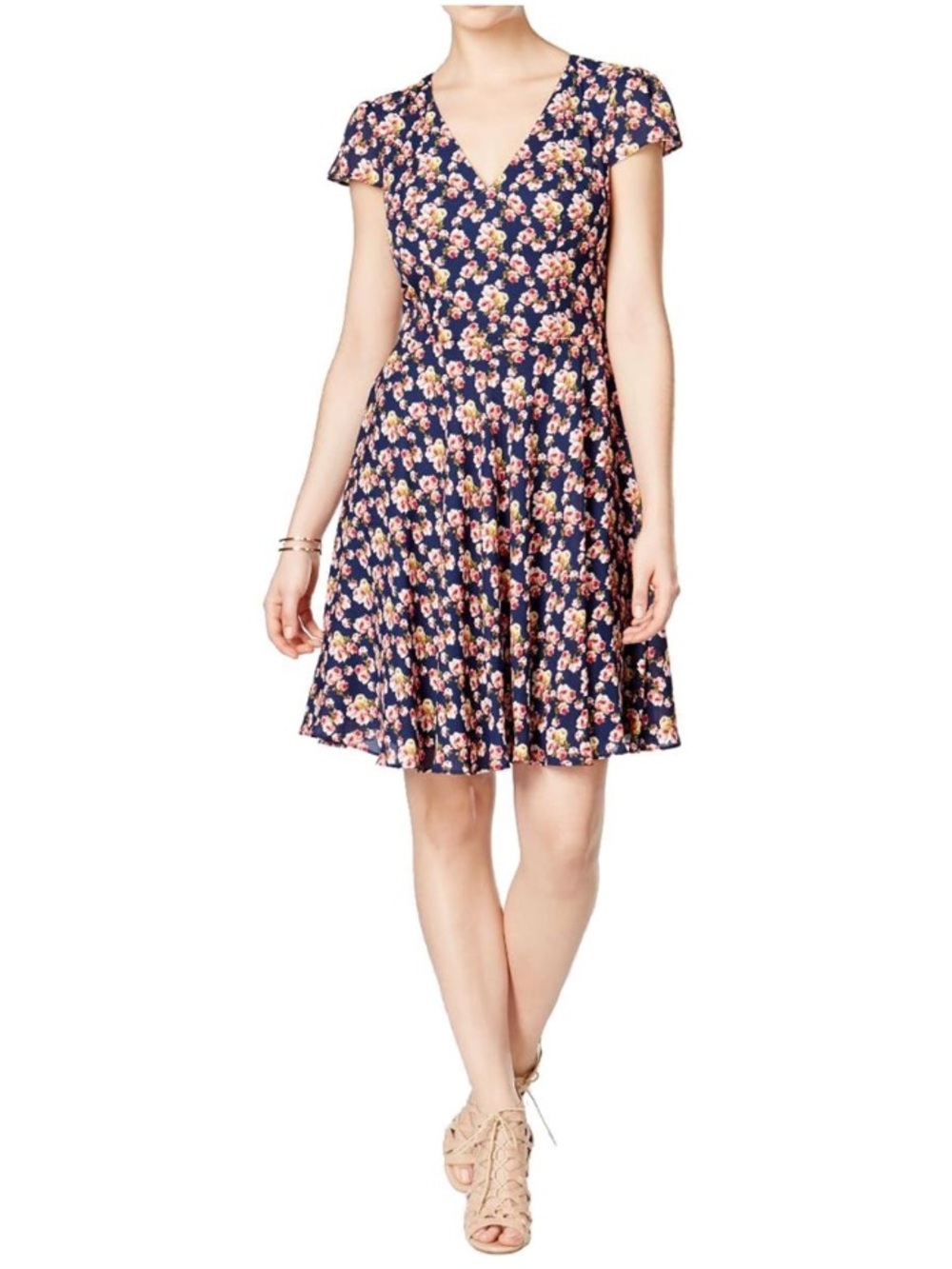 BETSEY JOHNSON Navy Floral V-Neck Fit-and-Flare Dress US 14 NWT